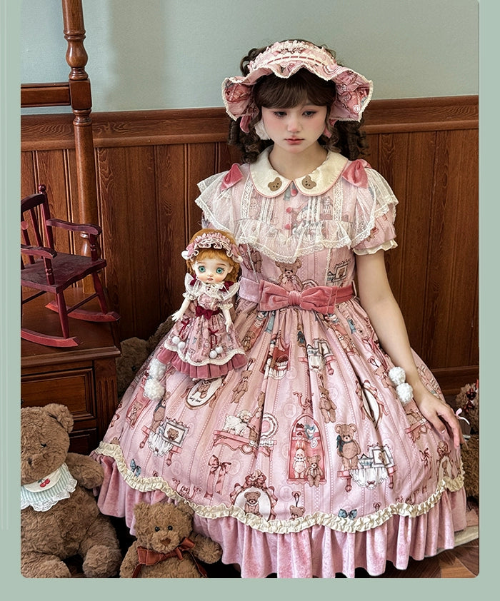 Alice Girl~Bear Doll Wall~Sweet Lolita OP Lovely Bear Print Dress   