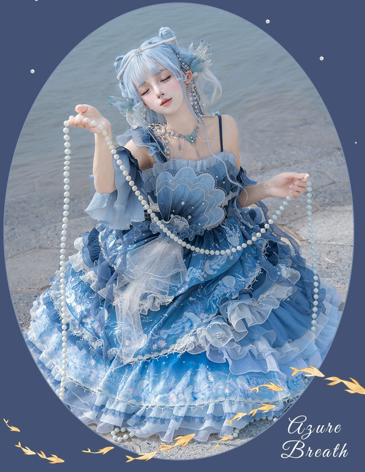 YingLuoFu - Blue Breath Jellyfish - Classic Lolita Jumper Dress, Side Zipper