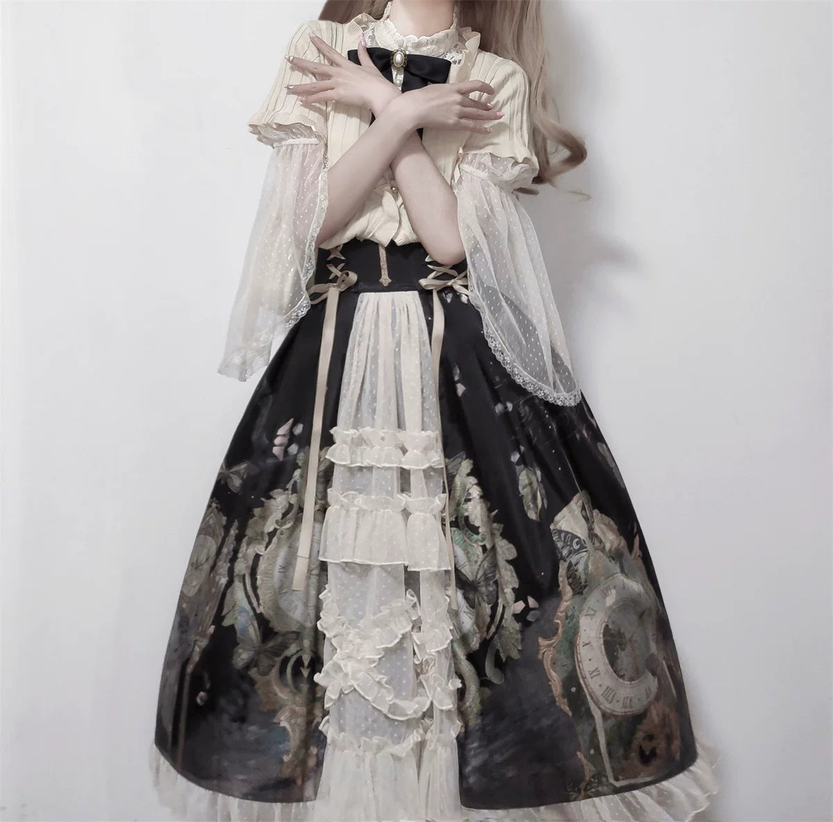 Clock Butterfly - Gothic Lolita Printed Blouse and Corset Skirt Set