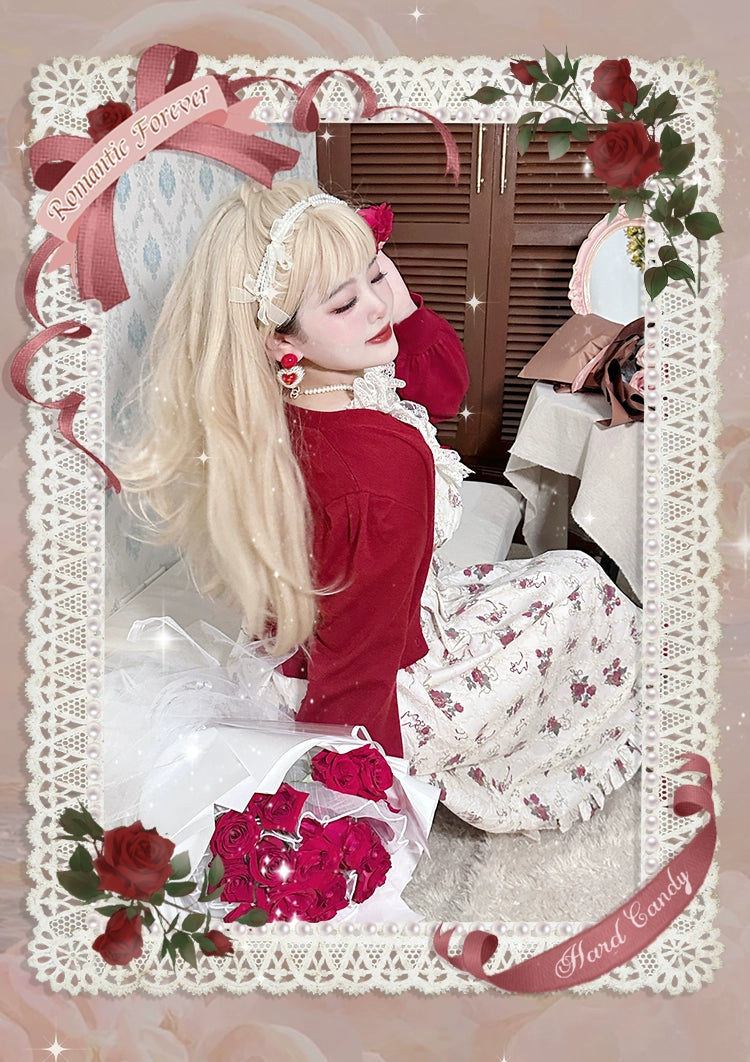 Yingtang~Plus Size Lolita Cardigan Set Elegant French Rose Print Dress 31448:375756