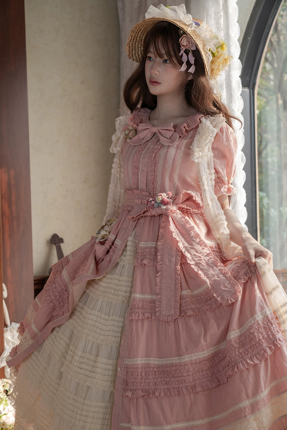 Miss Point~Cat Rose Tea~Elegant Lolita OP Open-front Short Sleeve Tiered Dress