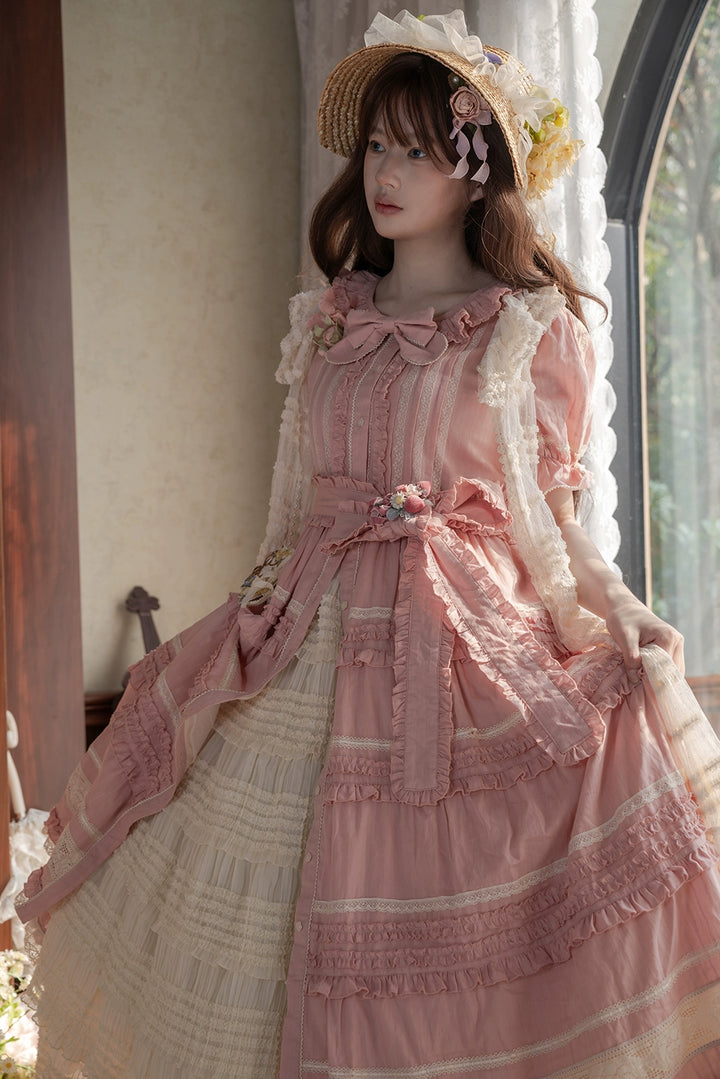 Miss Point~Cat Rose Tea~Elegant Lolita OP Open-front Short Sleeve Tiered Dress