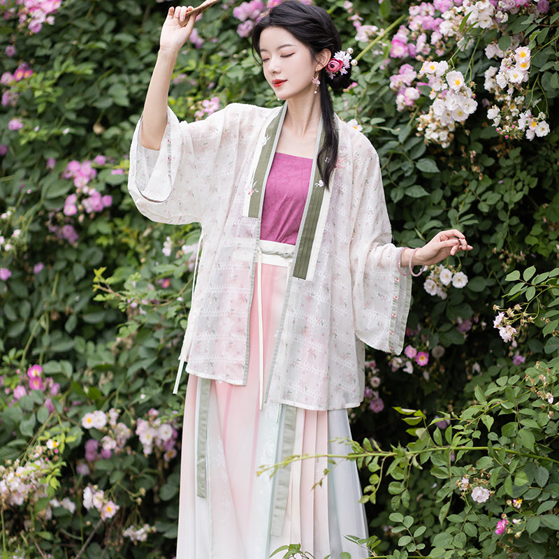 Chixia~ Han Lolita Elegant Pink-white Horse Face Skirt S full set(short sleeve cardigan+camisole+flower print horse face skirt) 