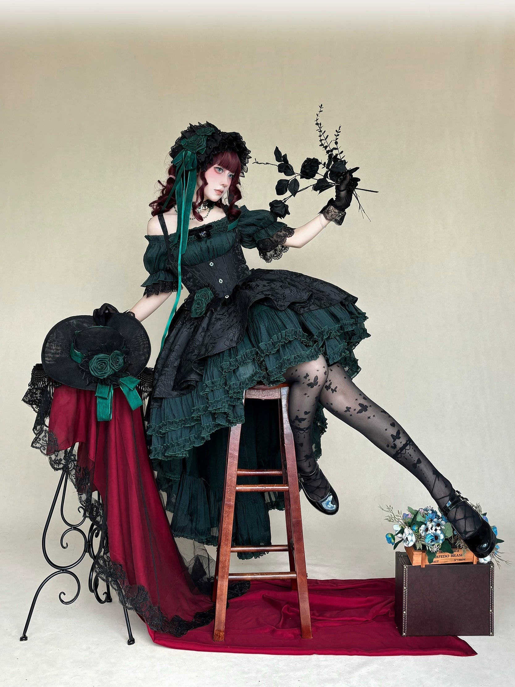 Rose Banquet - Gothic Lolita Boned Bust-supporting JSK Dress, High-low Hem 45815:863590