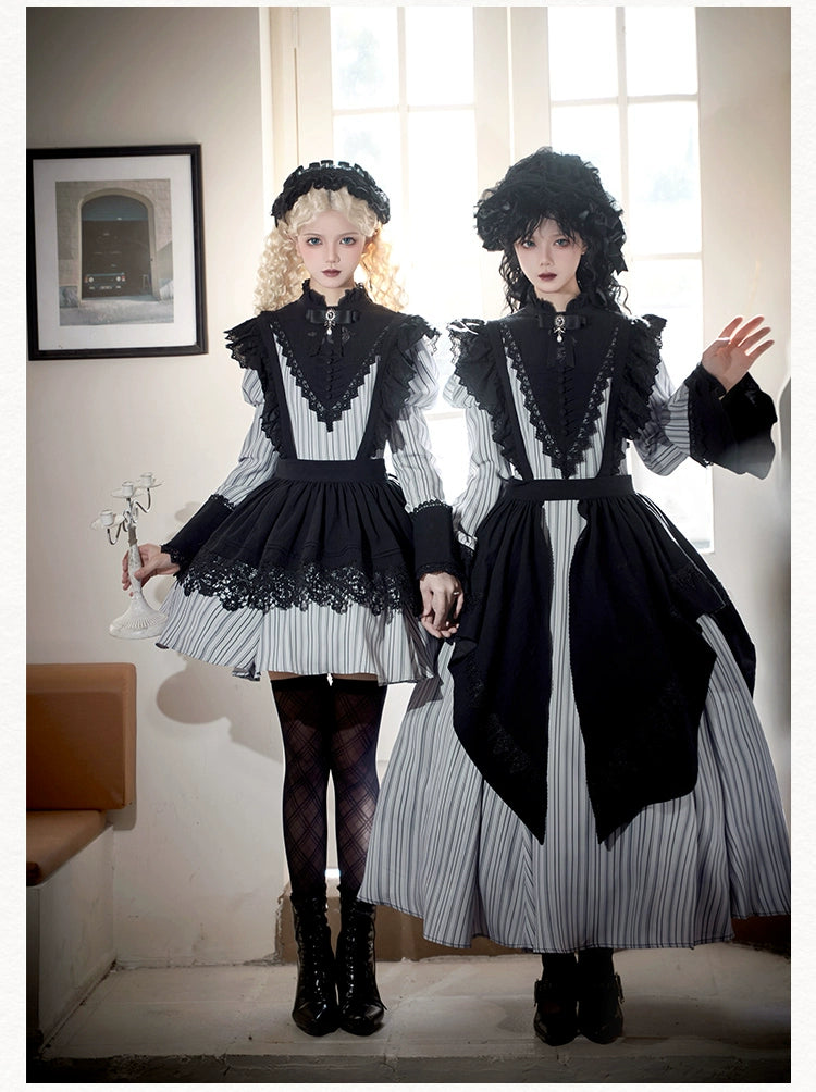 With PUJI~Nocturne SP~Striped Gothic Lolita OP Twin Lolita Dress with Apron