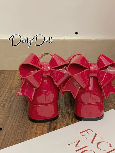 Dolly Doll~Apple Candy~Mary Jane Lolita Shoes Bow PU Low-Mid Heel Shoes   