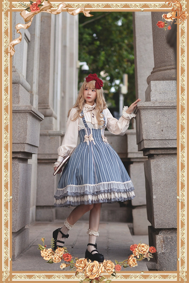 (Buy for me) Infanta~Elegant Lolita Stripe High-waist Jumper Dress Set and Cape   