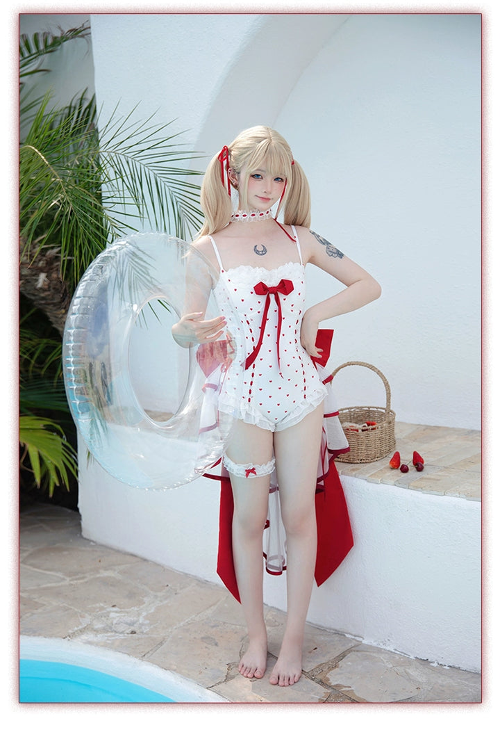 Tan Tuan~Heartbeat Melody~Red & White Lolita-Inspired Swimsuit Set 42997:761387