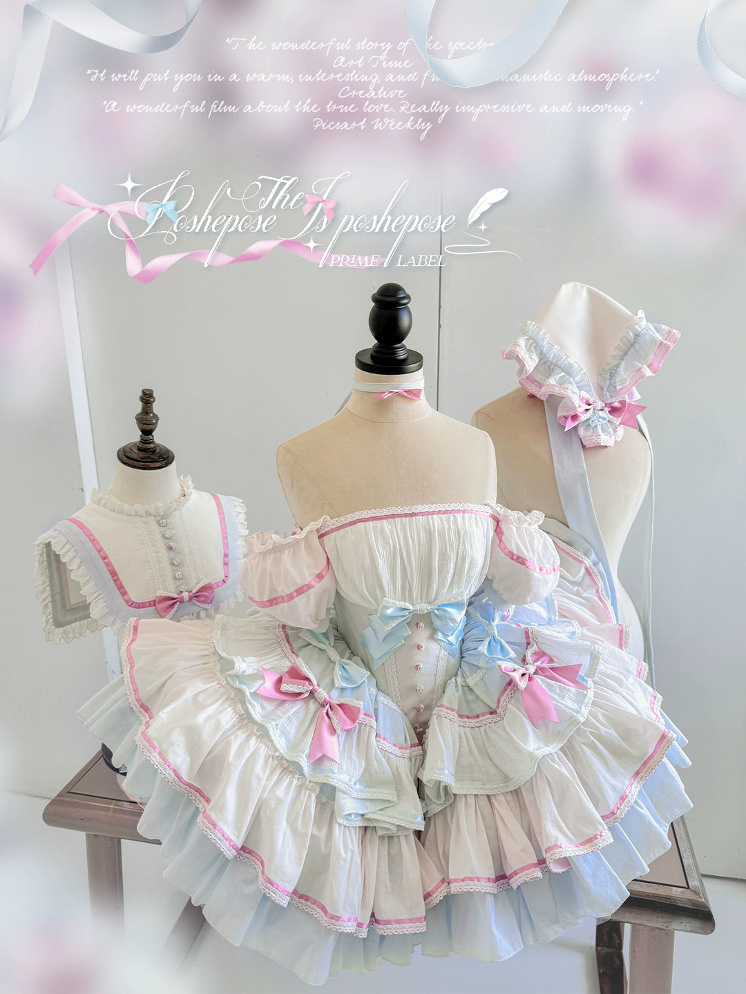POSHEPOSE~Kitchen Helper~Sweet Lolita JSK Set Tiered Skirt Detachable Short Sleeves Dress Free size Pink and blue dress set 