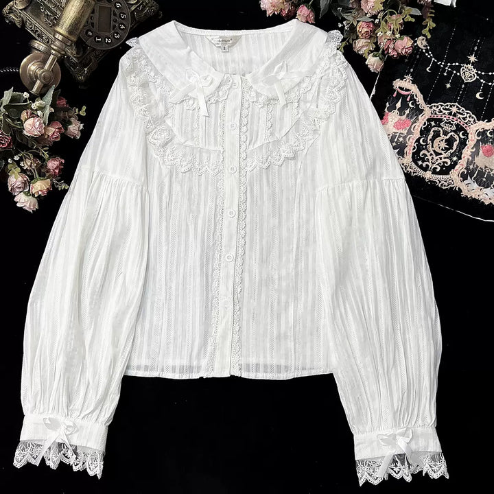 (BuyformeDMFS Lolita ~Summer Short Sleeve Cotton Lolita Blouse S milk white - long sleeve 