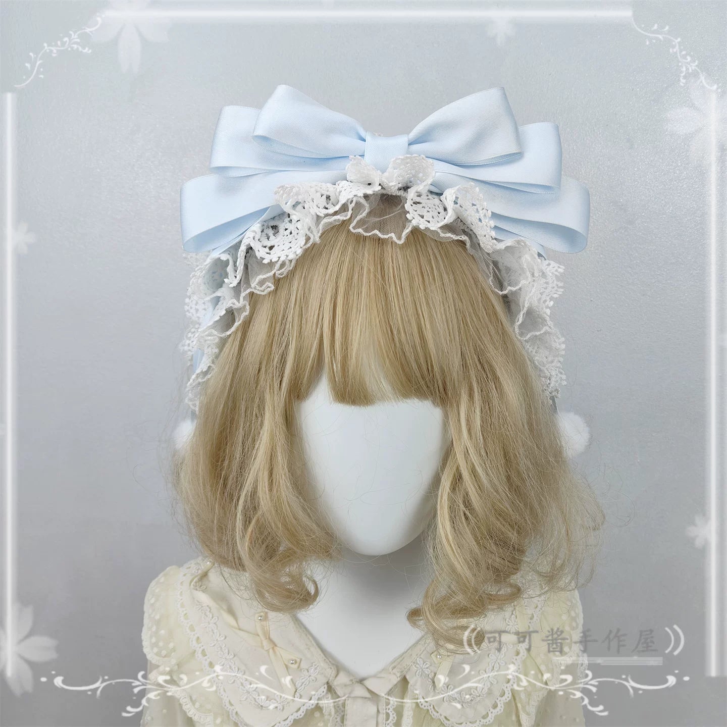 Sweet Lolita Lace Bowknot KC, Pom-pom Accent KC Water Blue