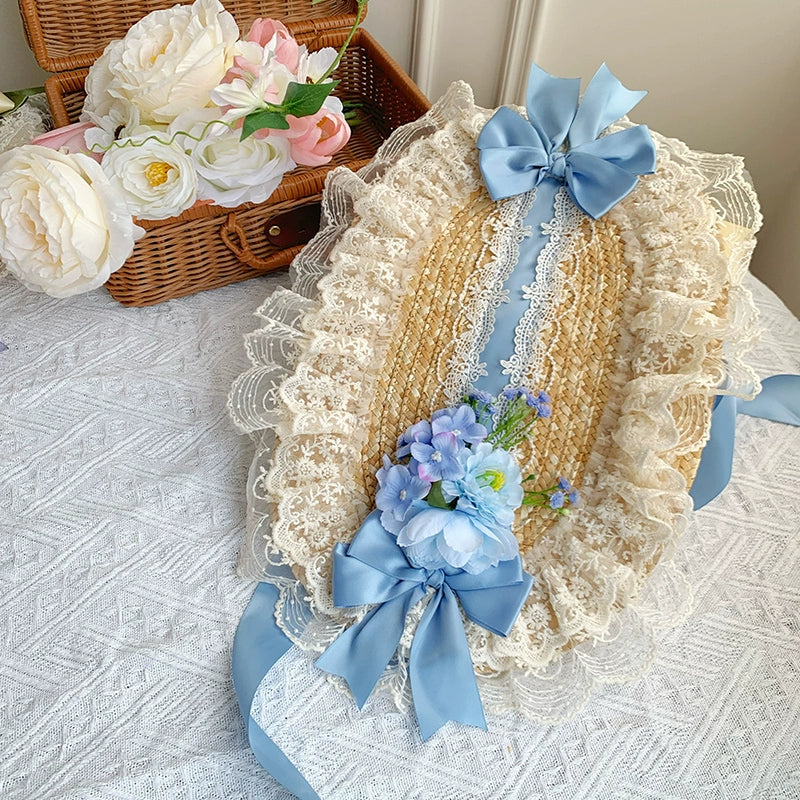 With PUJI~Floral Language~Country Lolita Lace Bow Flat Cap Straw Hat free size blue 