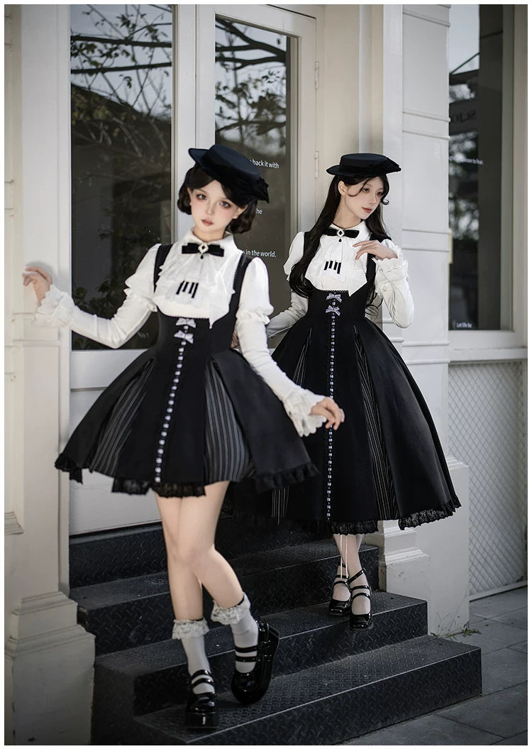 Monochrome Sonata - Classic Lolita Bust-supporting JSK Set, Piano Inspired