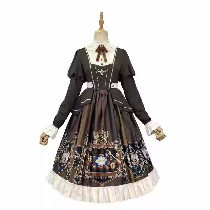 Jinmu~Chocolate Academy~Vintage Lolita OP Long Puff Sleeve Schoolgirl Lolita Dress (L M S XL) 40344:657270