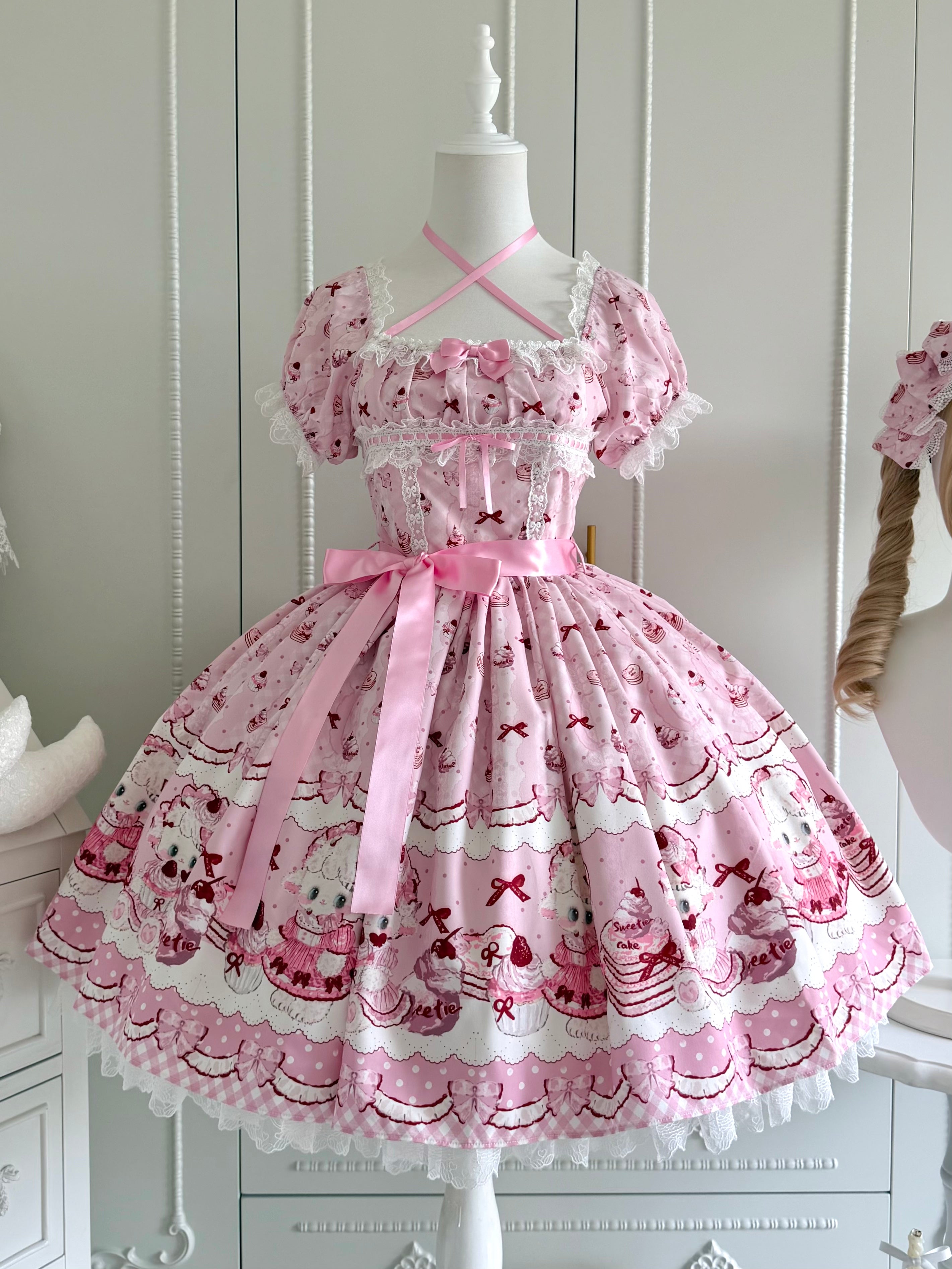 Lamb Strawberry - Sweet Lolita Lamb Printed OP Dress with Halter Neck