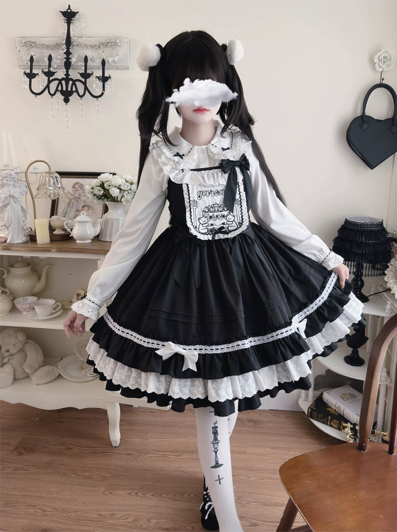 Hanguliang~Sweet Bear~Kawaii Lolita JSK Dress Embroidery Flounce Hem   