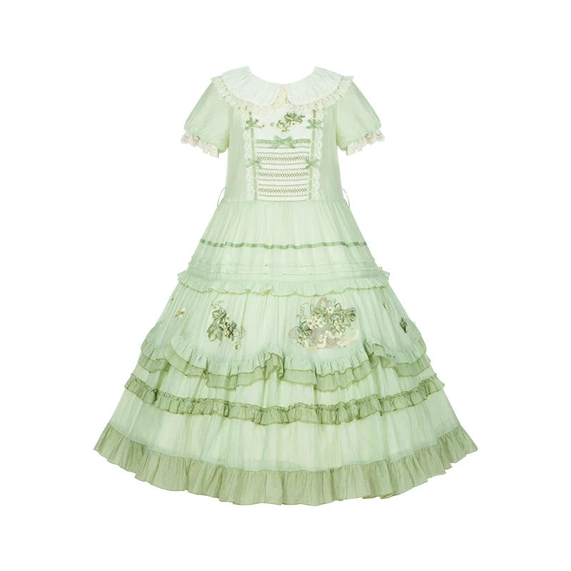 Green Grape - Embroidered Country Lolita OP Dress, Tiered JSK (L M S) 44986:831127