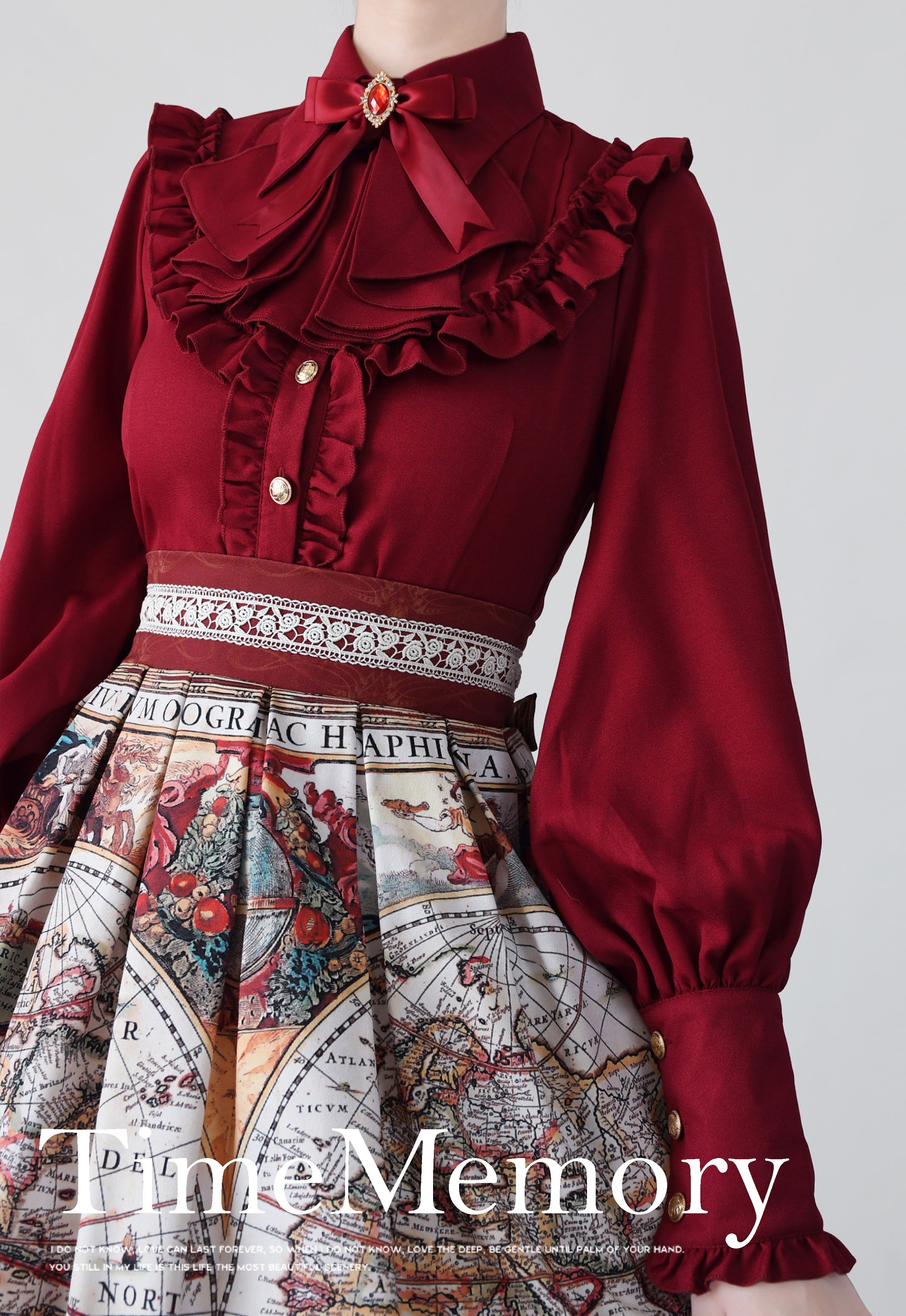 Time Memory - Elegant Lolita Slim Fit Mutton Sleeve Blouse S Wine Red Chiffon