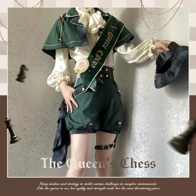 Forest Fluorescent Carps - Queen's Chess - Ouji Lolita Prince Outfit Lolita Cape Shirt Shorts Set S Green Ouji Set