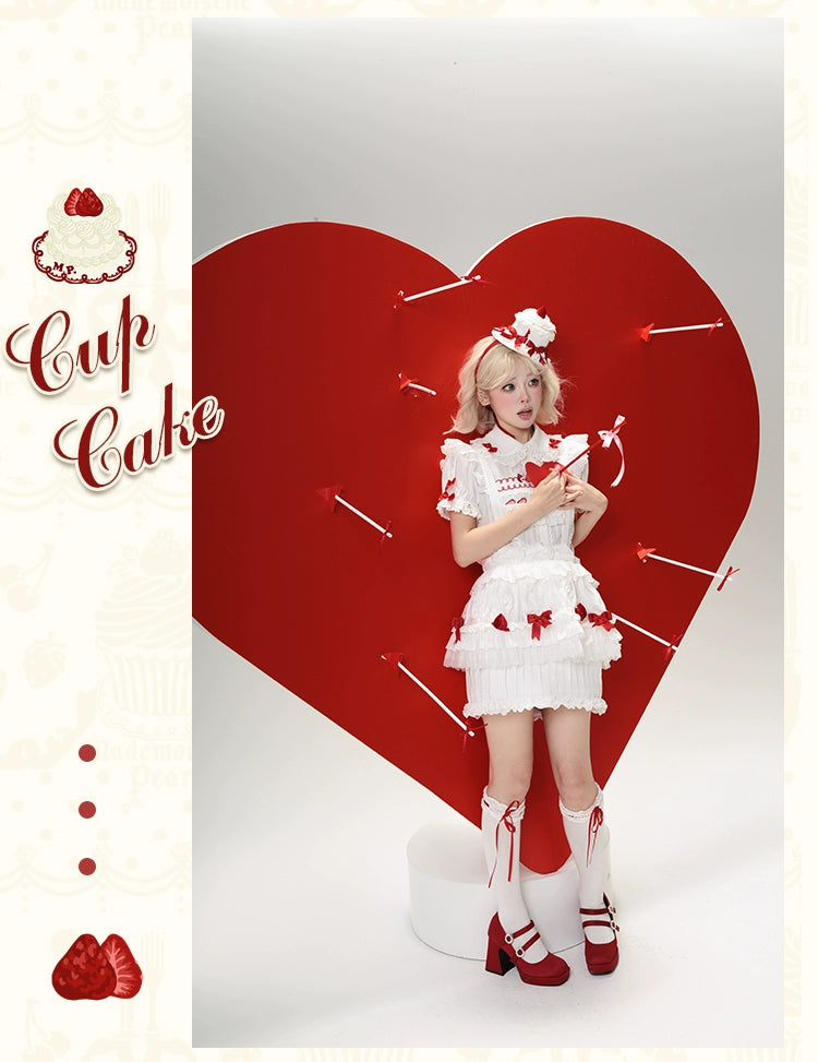 Mademoiselle Pearl - Cup Cake - White, Red Bow, Sweet Lolita Dress Set