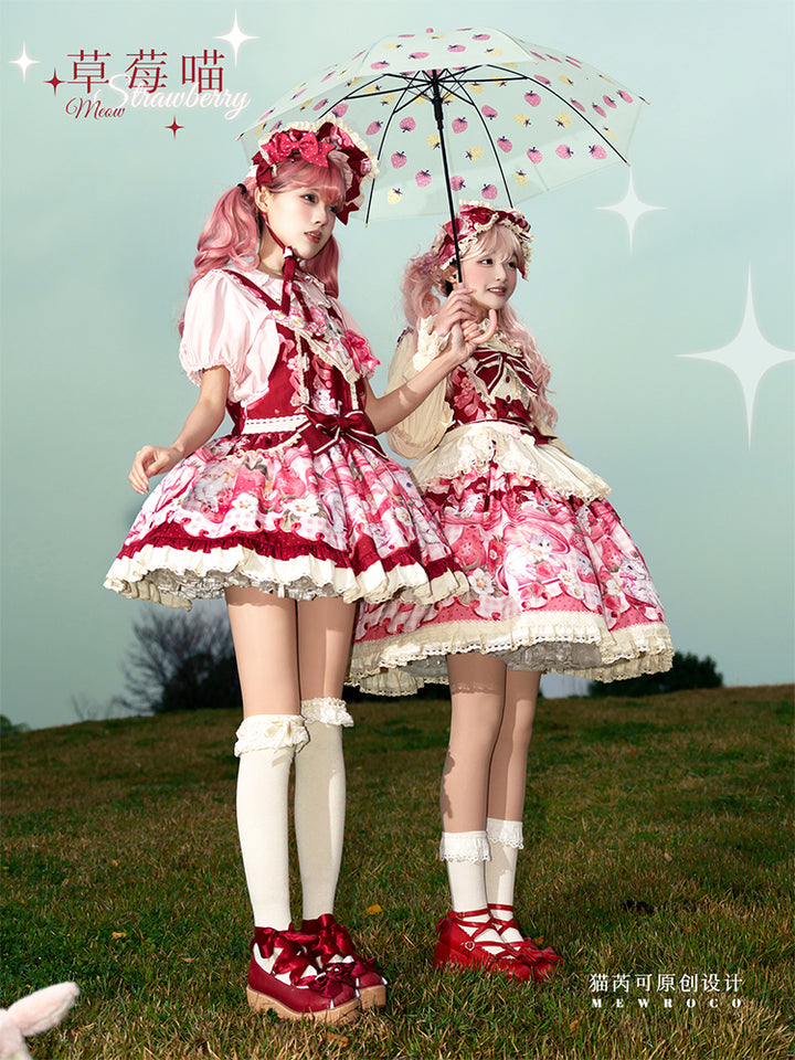 Mewroco~Strawberry Cat~Sweet Lolita Dress Suit JSK and Salopette with Cat Prints