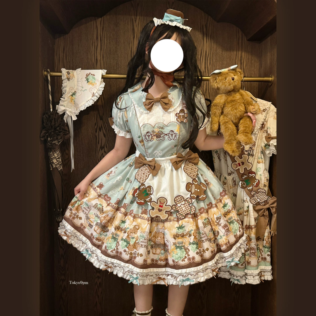 Babyblue~Little Bear Honey Jar~Kawaii Lolita Short Sleeve OP Gingerbread Man Embroidered Dress 40362:656958