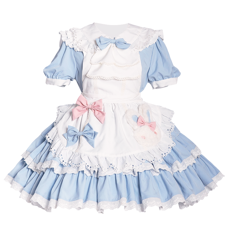 OCELOT~Leopard Bunny~Classic Maid Lolita OP with Apron and KC Blue-white OP with apron and KC S