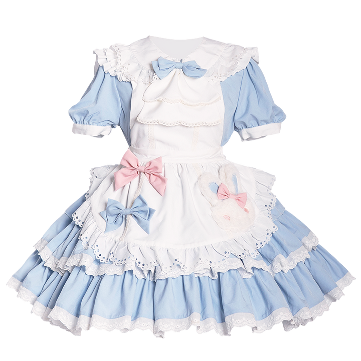 OCELOT~Leopard Bunny~Classic Maid Lolita OP with Apron and KC Blue-white OP with apron and KC S