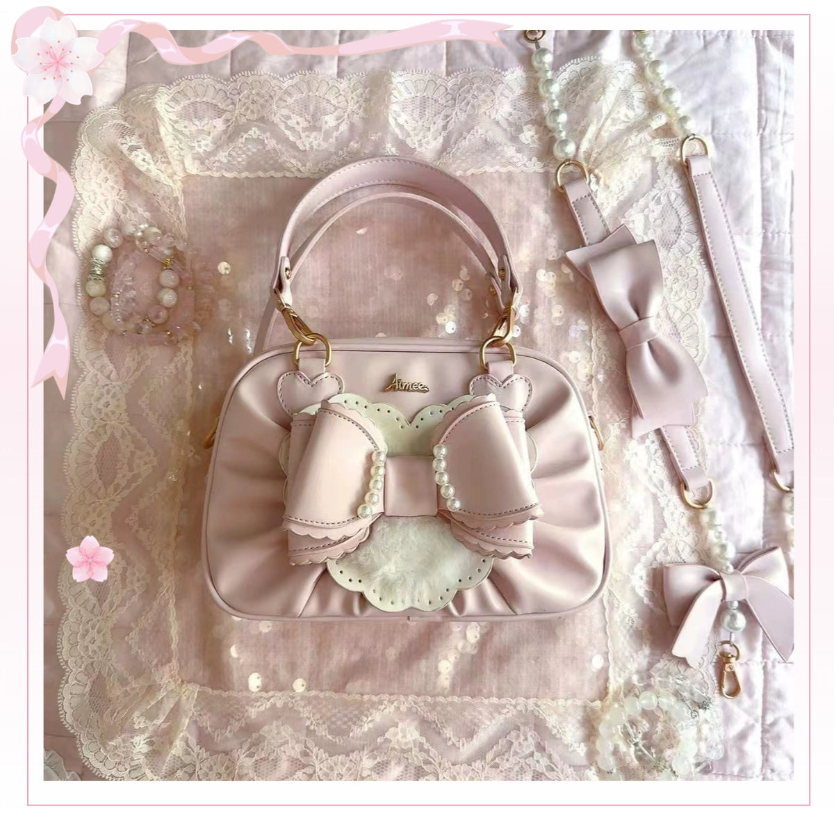 Aimee - Peach Cube Box - Sweet Lolita Pink Handbag, Bow & Pearl