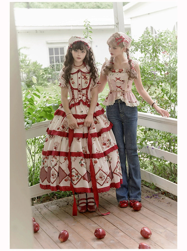 With PUJI~Apple Orchard~Country Lolita SK Embroidered Twins Lolita Top Skirt   