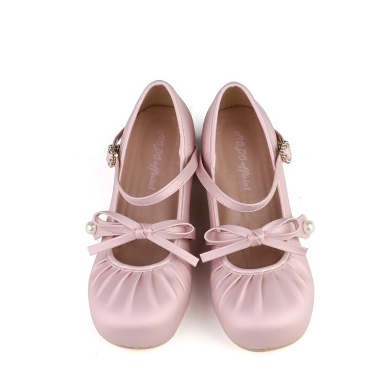 MODO~Glimmer Ballet~Elegant Lolita Shoes Low Chunky Ballet Round-toe Heels Pink 35