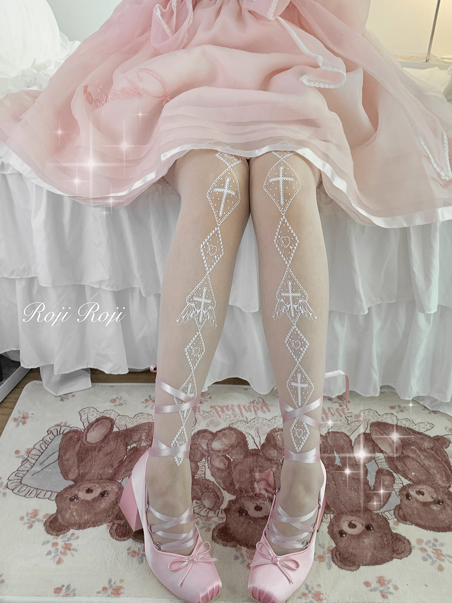 Roji Roji~Sweet Lolita White Print Tights   