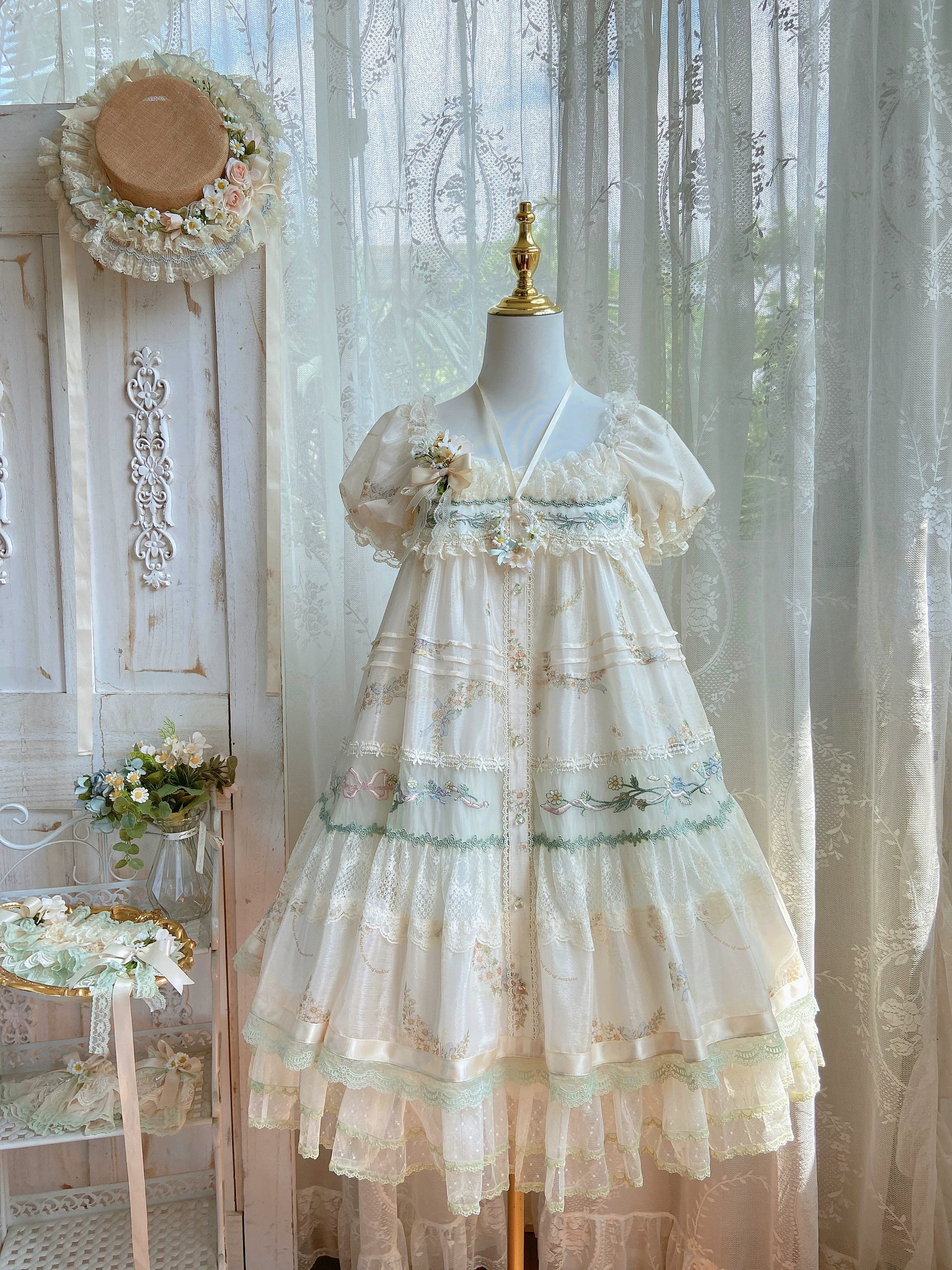 Daisy Poetry - Classic Lolita Lace JSK & OP Dress, Daisy Print and Embroidery 45825:863963