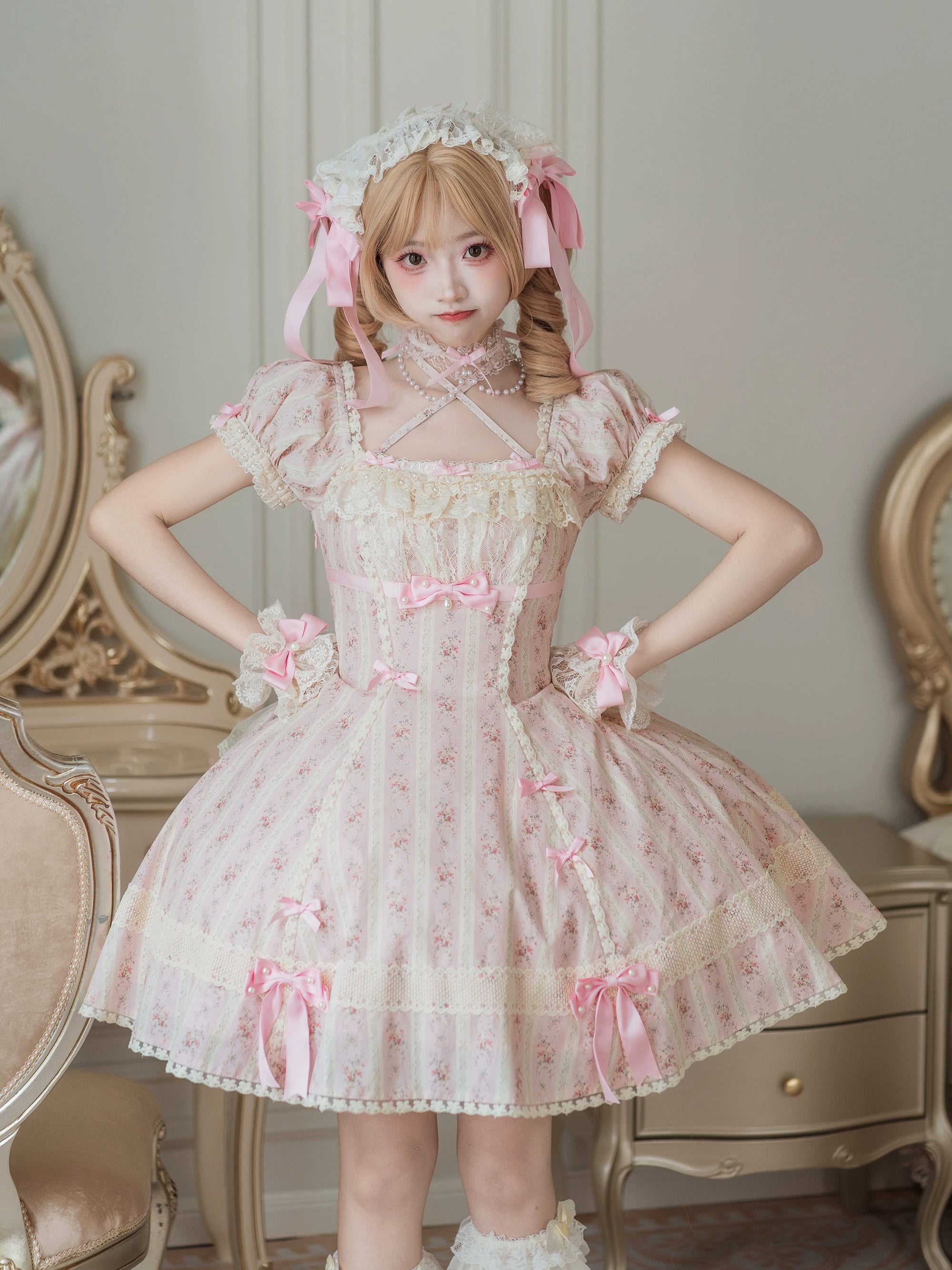 Garden Encounter of Three Springs - Cotton Old School Lolita Floral Print OP, Lace Back Opening (L M S XL) 45674:858616