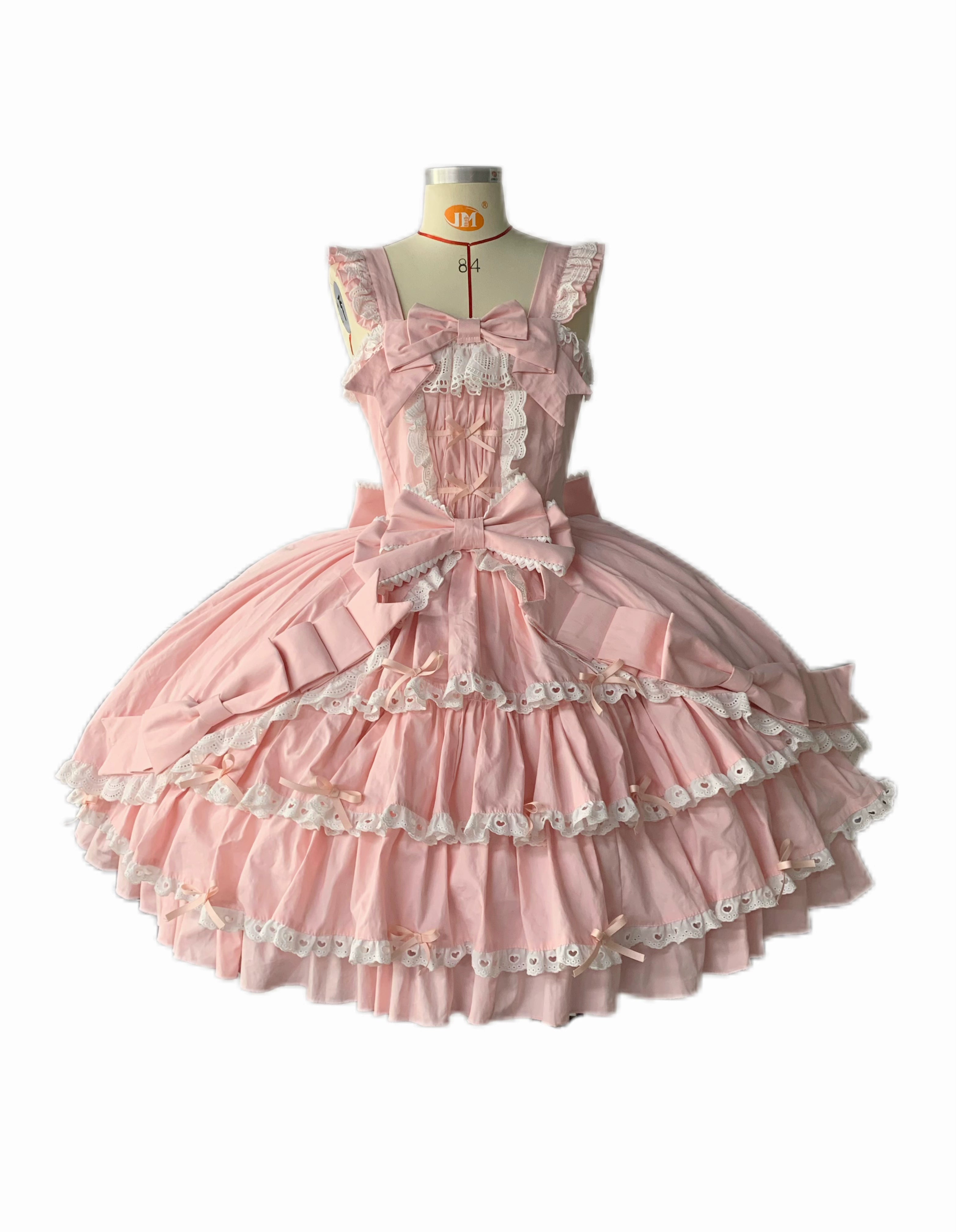 Chubby Cat Diary - Gryza - Plus Size Princess Lolita JSK, Cotton Tiered Ruffles Pink and White JSK S