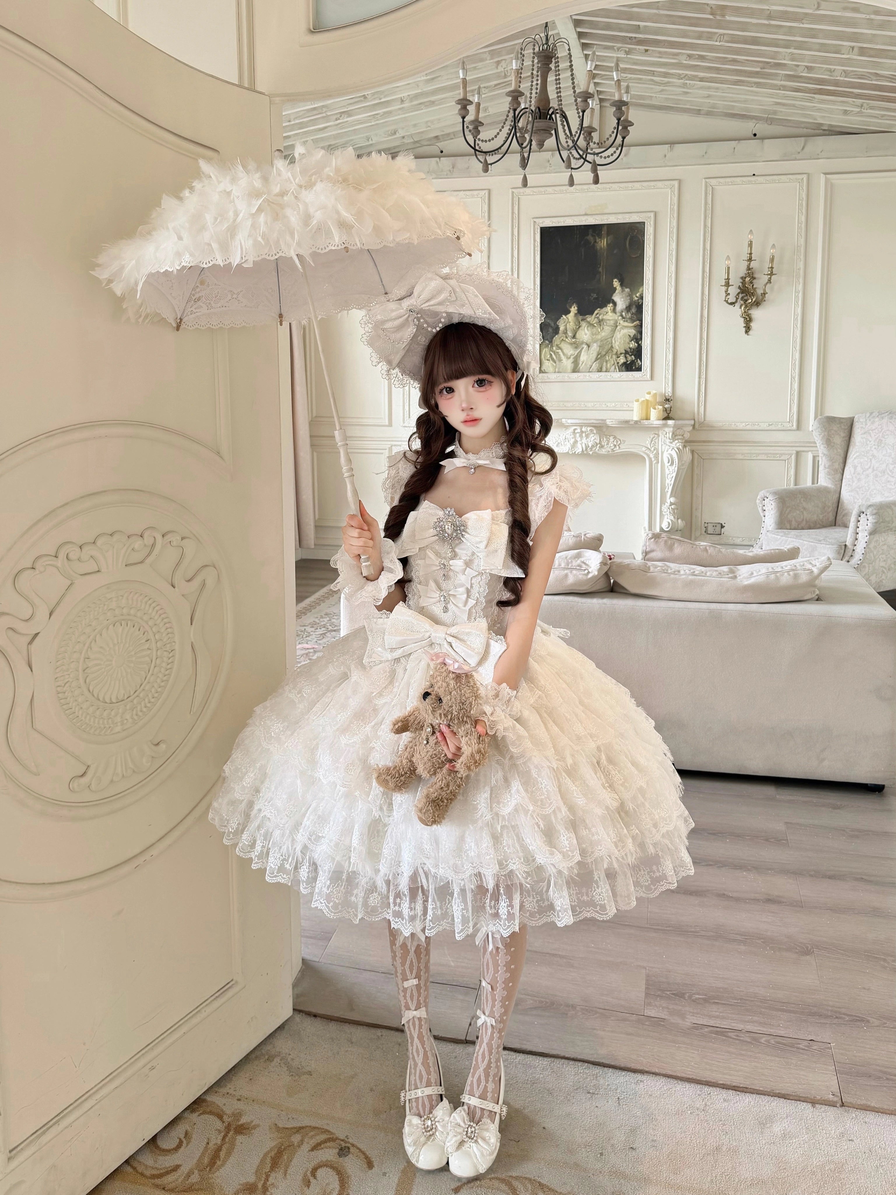 Sugar Girl - Snow Feather - Wedding Sweet Lolita JSK Dress, Multi-layered Lace Skirt 44125:797444