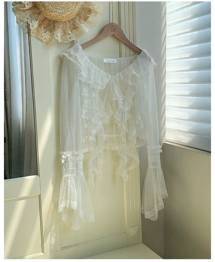 With PUJI~Letters and Poetry~Summer Classic Lolita Tulle Lace Bolero with Multi-Color White S