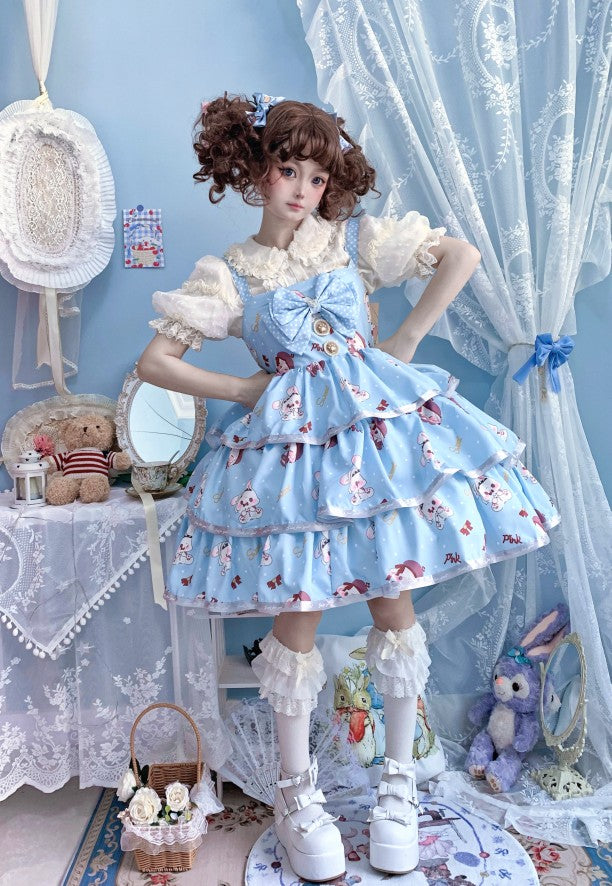 Night Never Sleeps~Bobble Bunny~Kawaii Lolita JSK Tiered Ruffles Dress with Bunny Print Blue JSK Only S