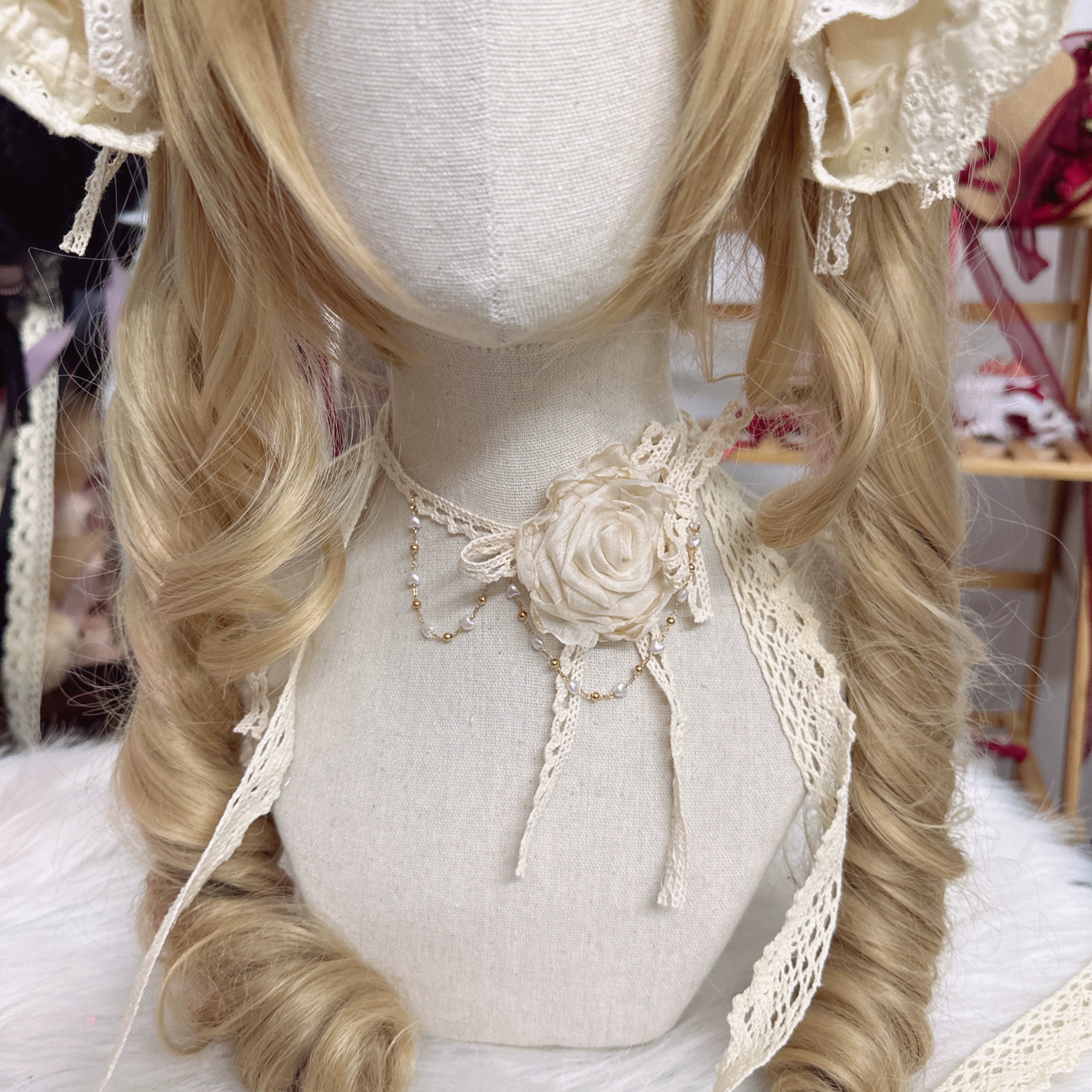 Chestnut Lolita - Elegant Lolita Rose Choker Handmade Headdress Set Multicolors beige choker (look much more yellow than the picture)