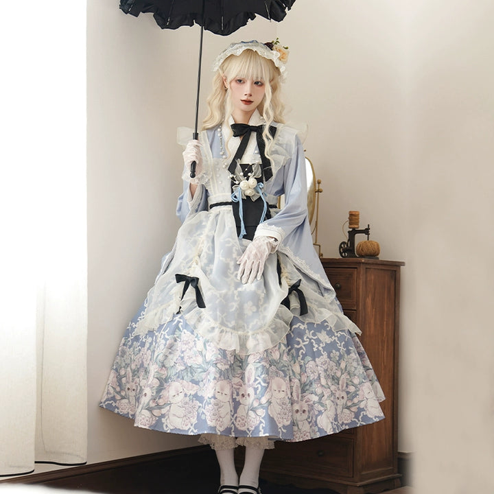 With PUJI~Letter and Poetry~Wa Lolita Dress Maid Printed OP Dress Set   