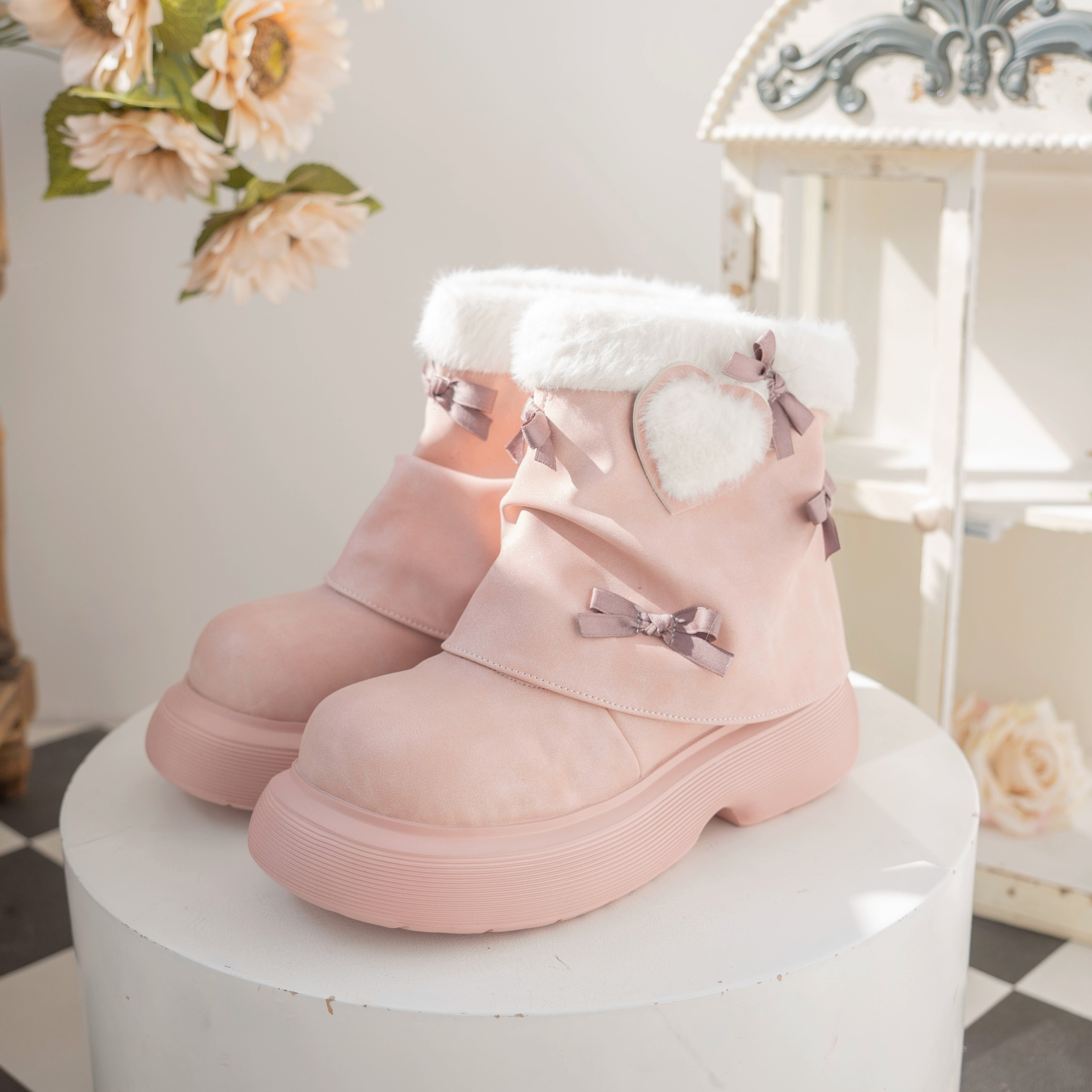 Dolly Doll - Ponyo - Winter Casual Lolita Boots Bow Thick Sole Shoes 34 Retro pink