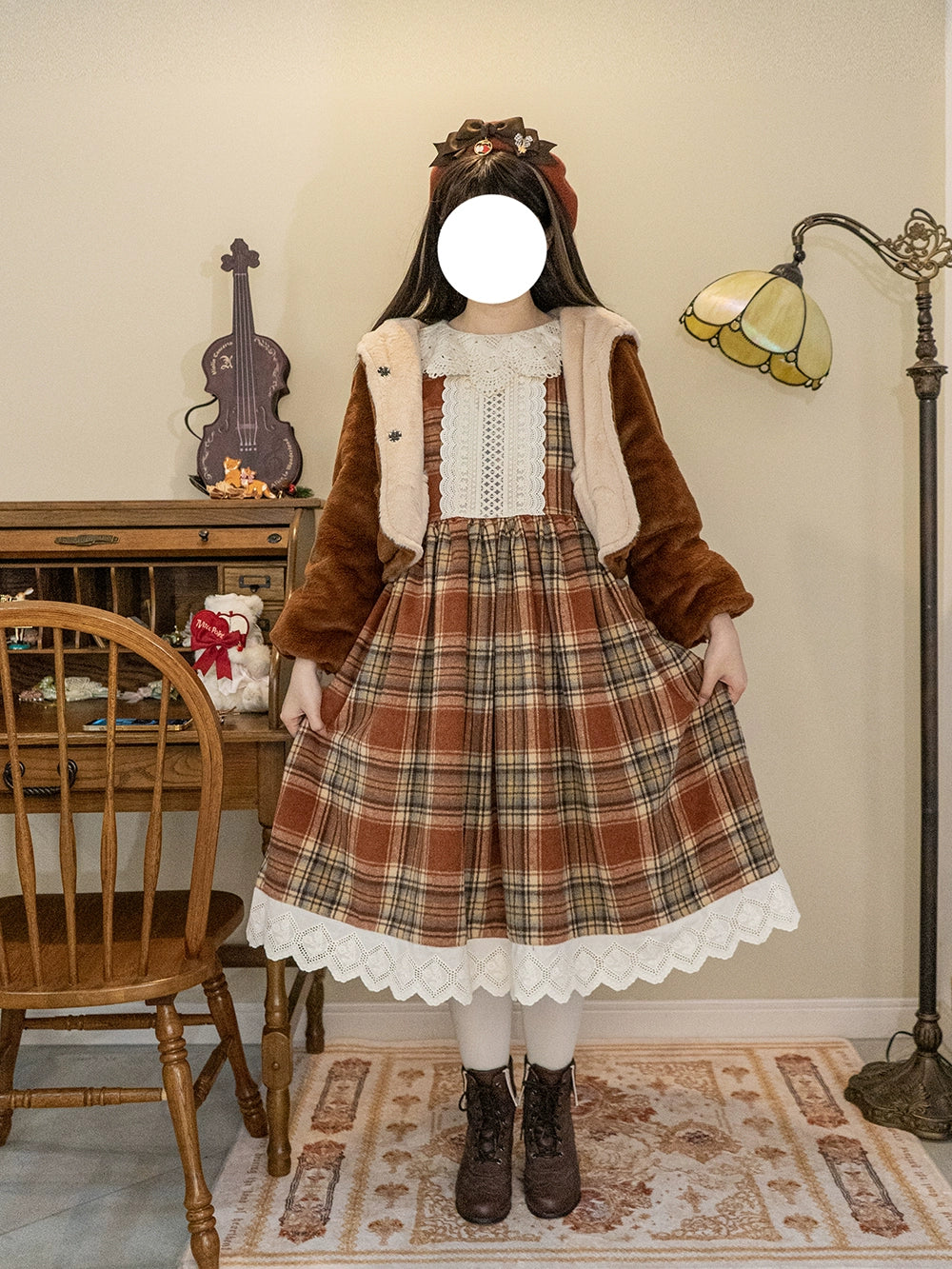 Miss Point - Chubby Fox in the Forest - Customized Lolita OP Dress Plaid Loose Daily Dress