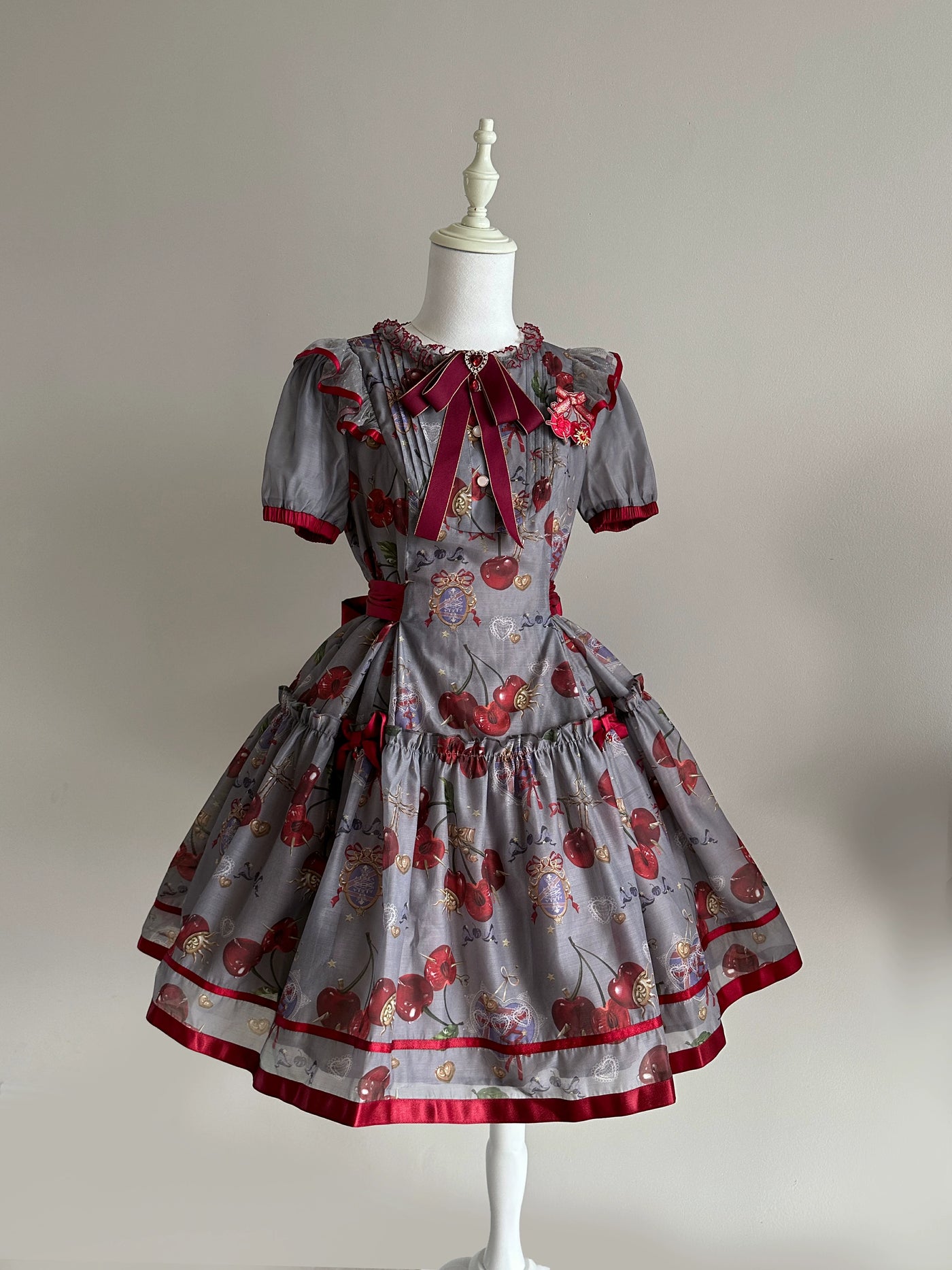 (Buy for me)Gloaming~Sweet Lolita Cherry print Short Sleeve OP and SK Set S Gray OP 