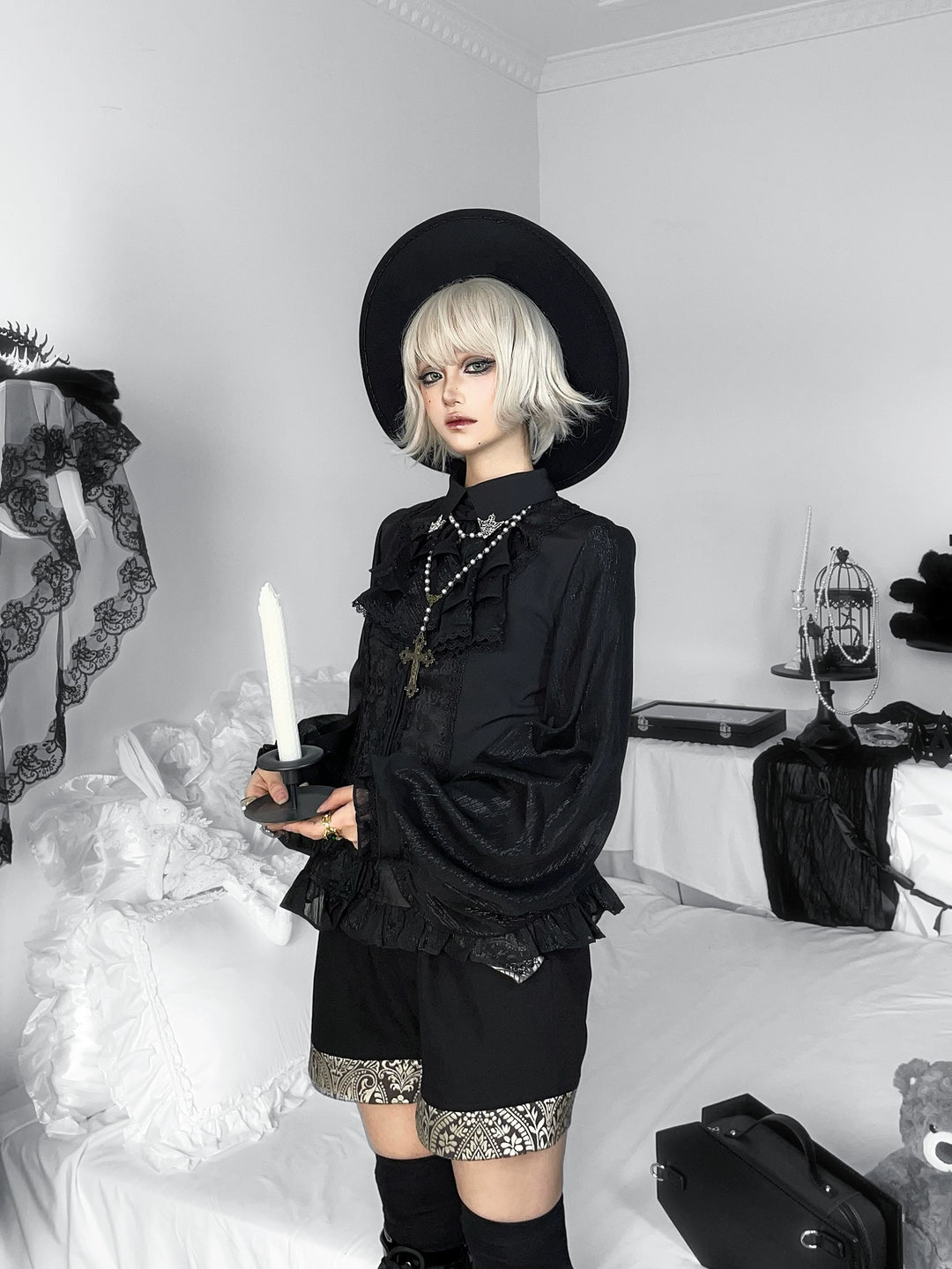 Little Dipper~Silver Elimination~Ouji Lolita Blouse with Long Sleeves and Jabot 42139:727685