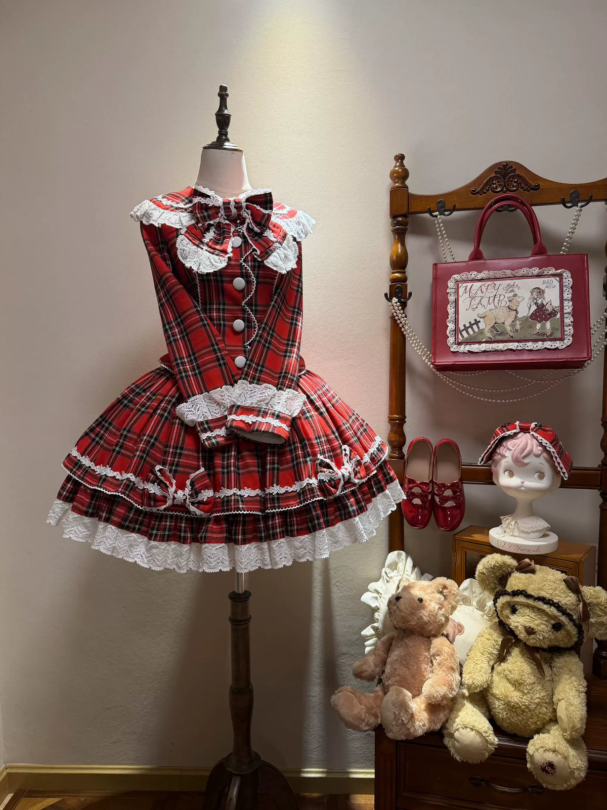 Christmas Knot - Christmas Old School Lolita Jacket & Skirt Set, Red Plaid 46051:873268