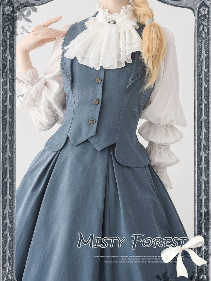 (BFM)Forest Wardrobe~Misty Forest~Elegant Vintage Fishbone Lolita Long Skirt Lolita Vest S mist blue waistcoat only 