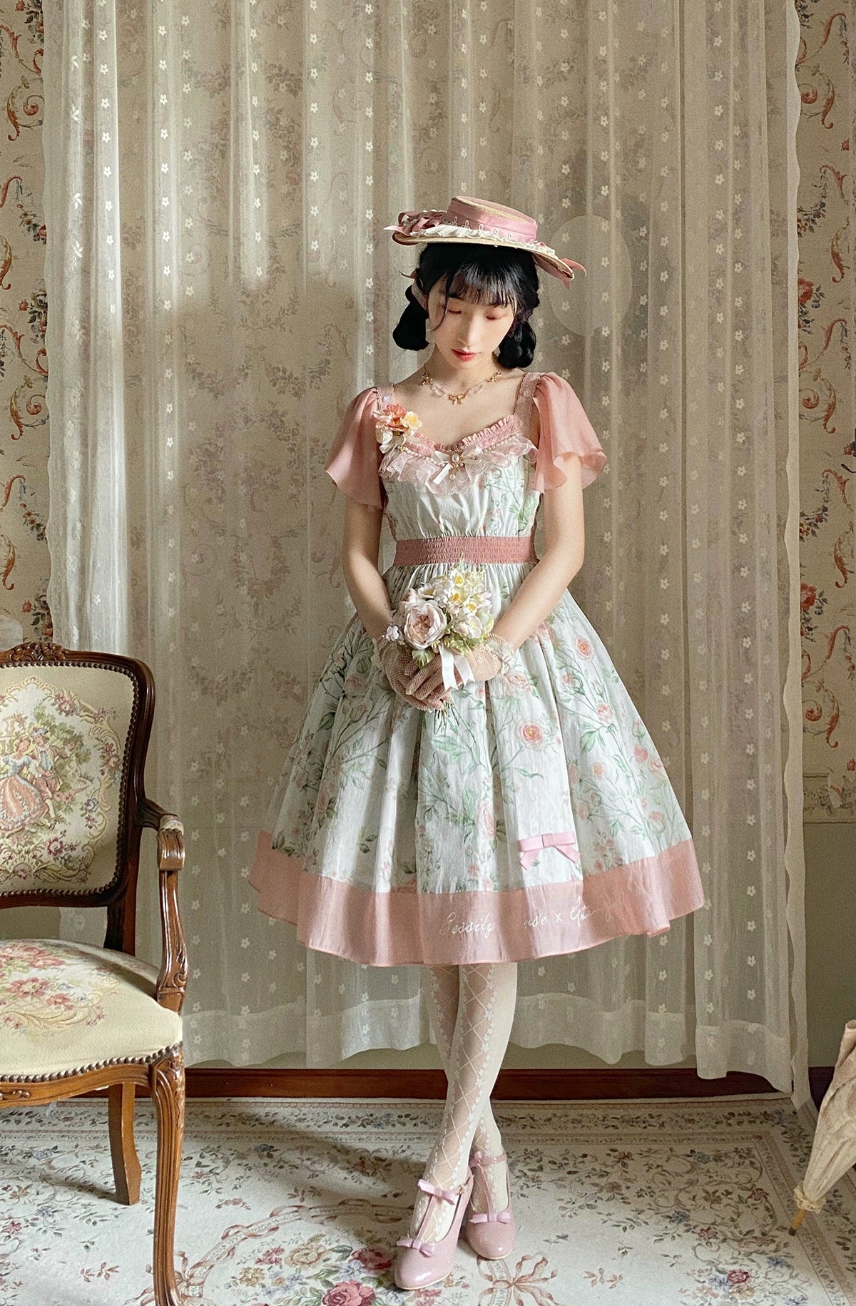 EESSILY - The Rose Dowry - Daily Cotton Lolita OP Dress V-neck Dress S Pink