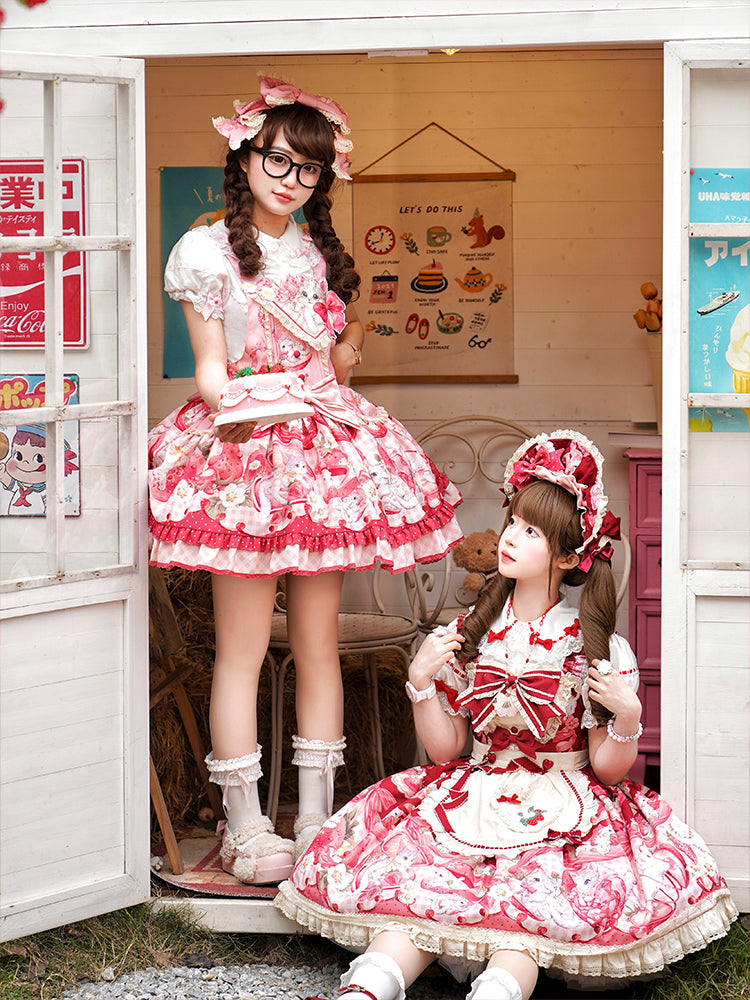 Mewroco~Strawberry Cat~Sweet Lolita Dress Suit JSK and Salopette with Cat Prints