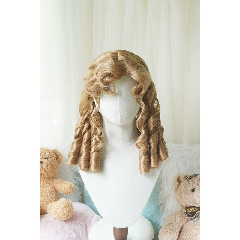 Imperial Tea~Retro Lolita Wig Short Roman Curl Hairpiece Dark gold curly bangs with hairnet