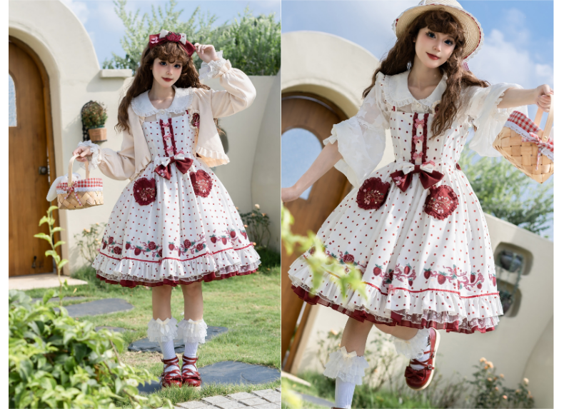 Forest Fluorescent Carps~Strawberry Diary~Sweet Lolita JSK Dress Strawberry Print   